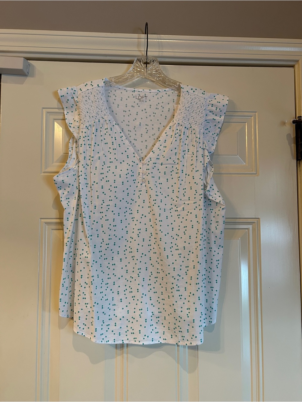 LOFT White Sleeveless V-Neck Blouse with Green Dot Print